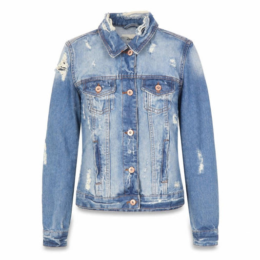 Front view of Denim & Co. women’s blue jacket, size UK 6, button