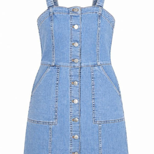 Divided Womens Blue Cotton Pinafore/Dungaree Dress Size 6 Scoop Neck Button