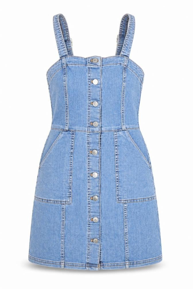 Divided Womens Blue Cotton Pinafore/Dungaree Dress Size 6 Scoop Neck Button