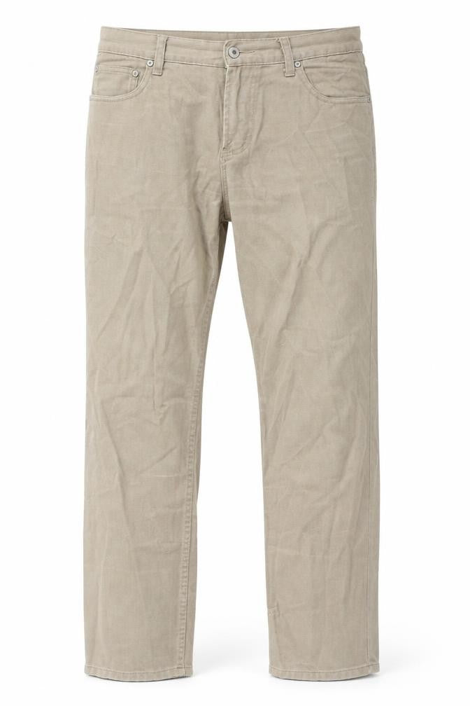 Front view of Easy men’s beige cotton straight jeans, size 32, in regular zip