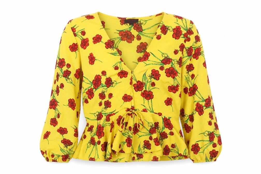 Front view of Topshop women’s yellow floral polyester basic blouse, size UK 10, v-neck
