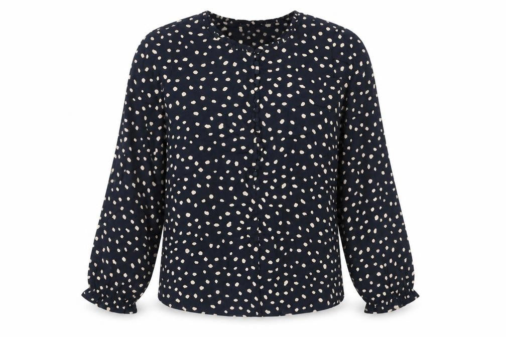 Front view of Kirei women’s blue geometric viscose basic blouse, size XS, round neck