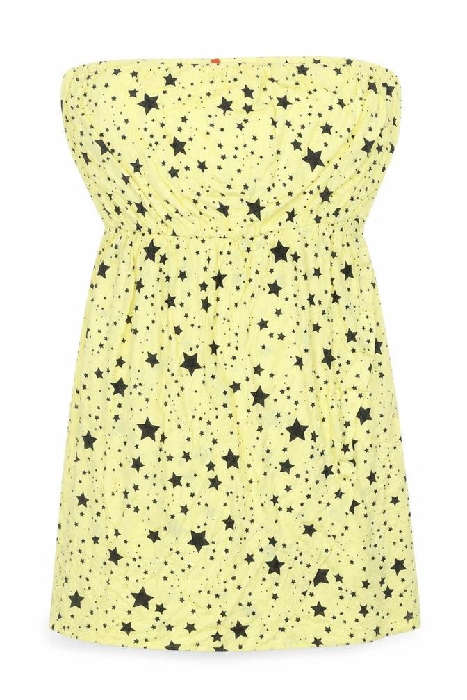 Front view of Only women’s yellow geometric polyester basic tank, size L, off the shoulder - star print