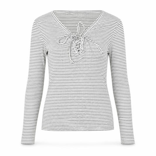 Front view of Primark women’s white striped polyester basic t-shirt, size XS, v-neck