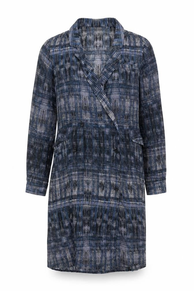 Front view of Hope women’s blue geometric 100% cotton jacket dress, size UK 10, collared button