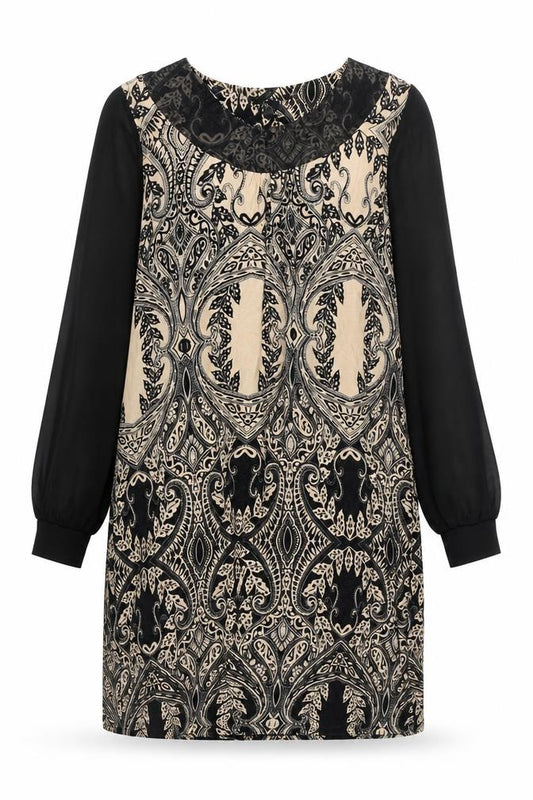 Front view of Debenhams women’s black geometric polyester a-line, size UK 12, round neck pullover