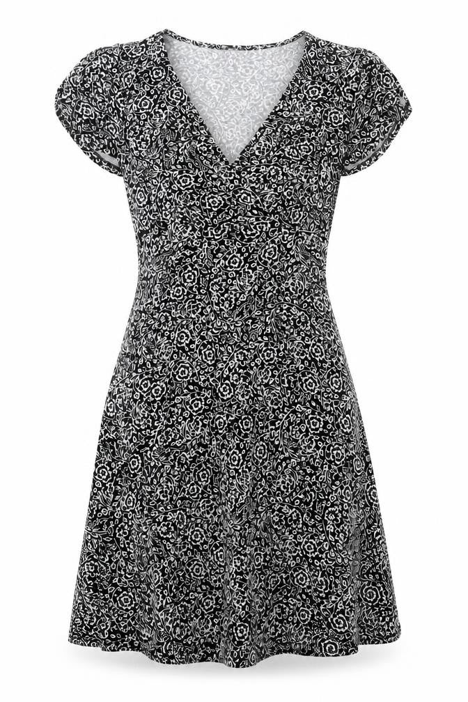 F&F Womens Black Floral Viscose Fit & Flare Size 8 V-Neck Pullover