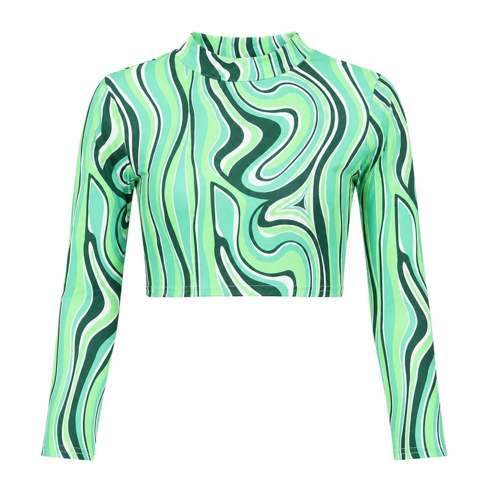 SheIn Womens Green Geometric Polyester Cropped Blouse Size S Round Neck - Cut Out Back