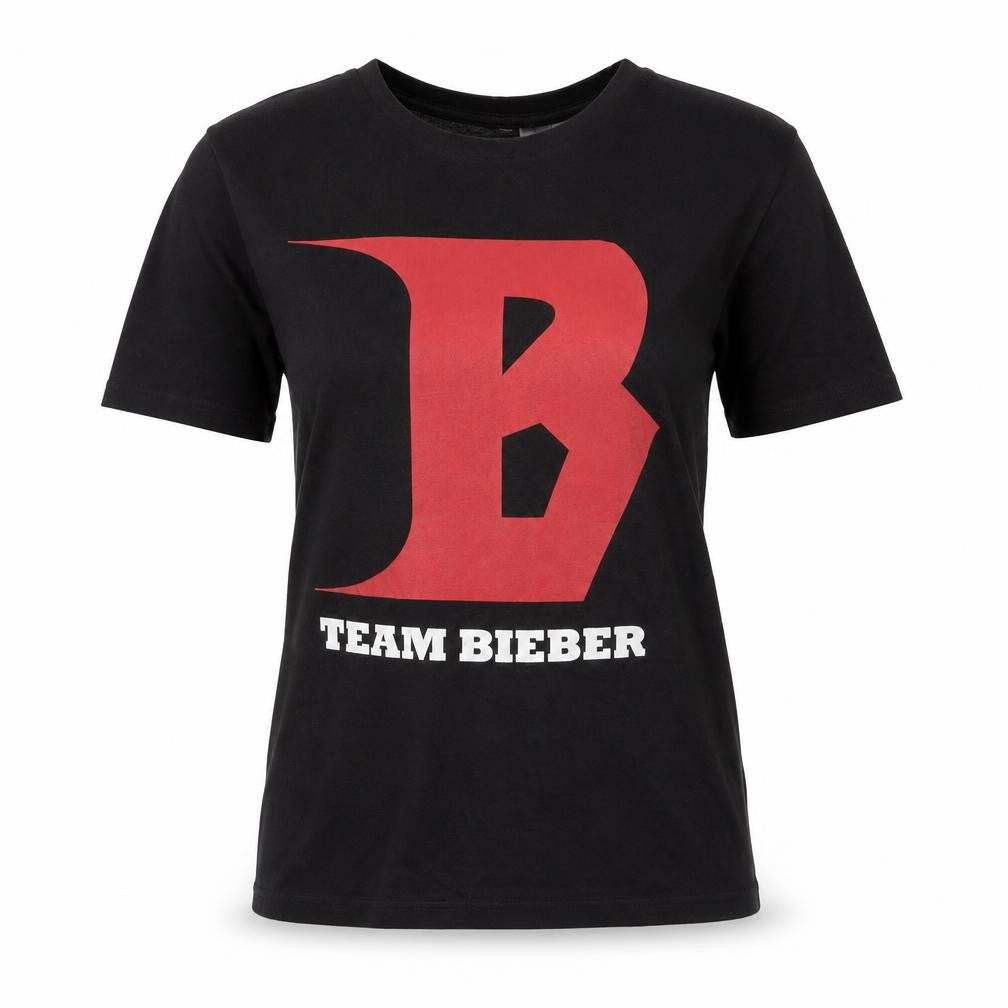 Front view of H&M women’s black cotton basic t-shirt, size XS, round neck - team bieber