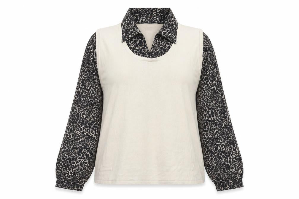 Punt Roma Womens Beige Collared Animal Print Acrylic Pullover Jumper Size XL - Leopard Print 2 in 1 Shift