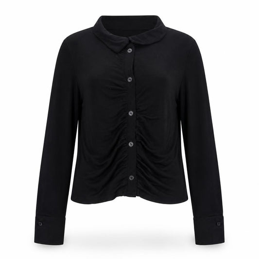 Front view of H&M women’s black polyester basic button-up, size S, collared