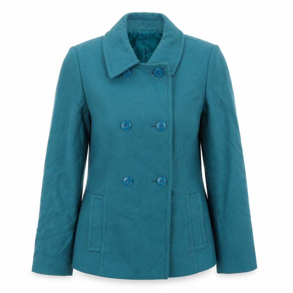 Front view of Marks & Spencer women’s green pea coat jacket, size UK 10, button