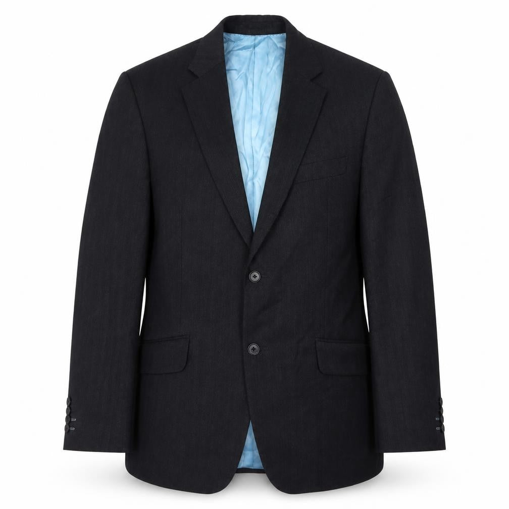 Front view of Preworn men’s black striped wool jacket suit jacket, size 40, regular
