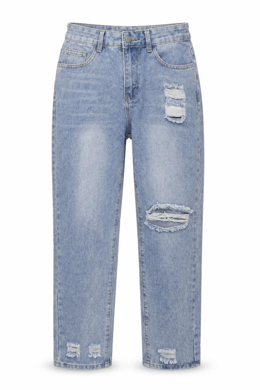Front view of SHEIN women’s blue cotton mom jeans, size M, 28-inch leg regular button