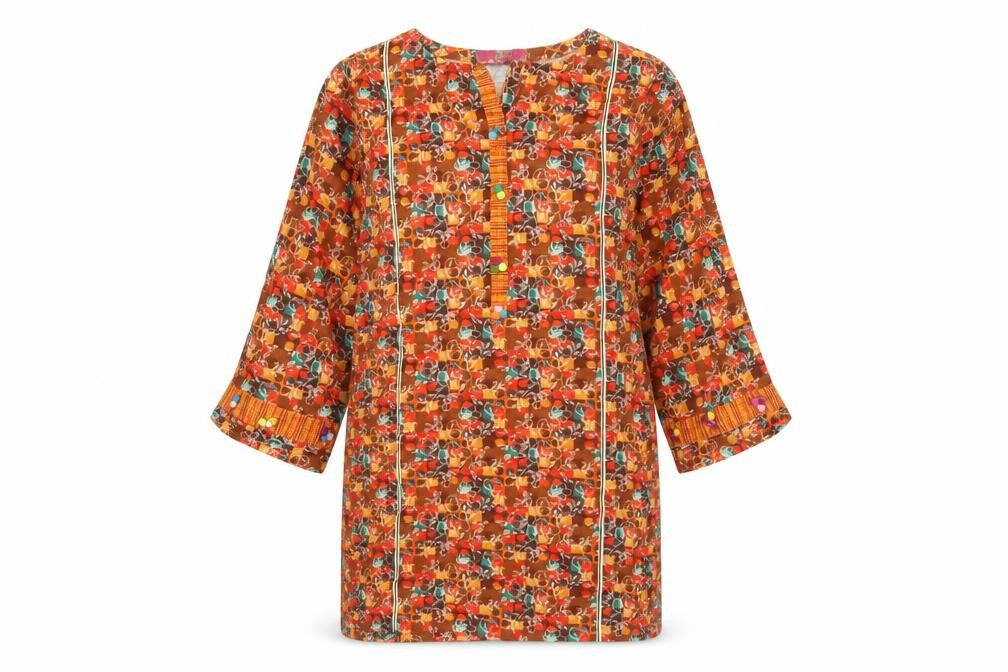 Front view of Alive women’s orange geometric cotton kaftan, size UK 6, boat neck pullover