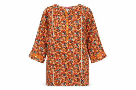 Front view of Alive women’s orange geometric cotton kaftan, size UK 6, boat neck pullover