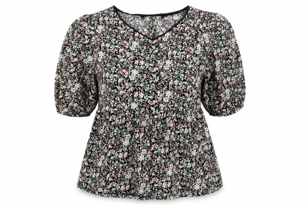 Front view of Pep&Co women’s black floral viscose basic blouse, size M, v-neck - smocked