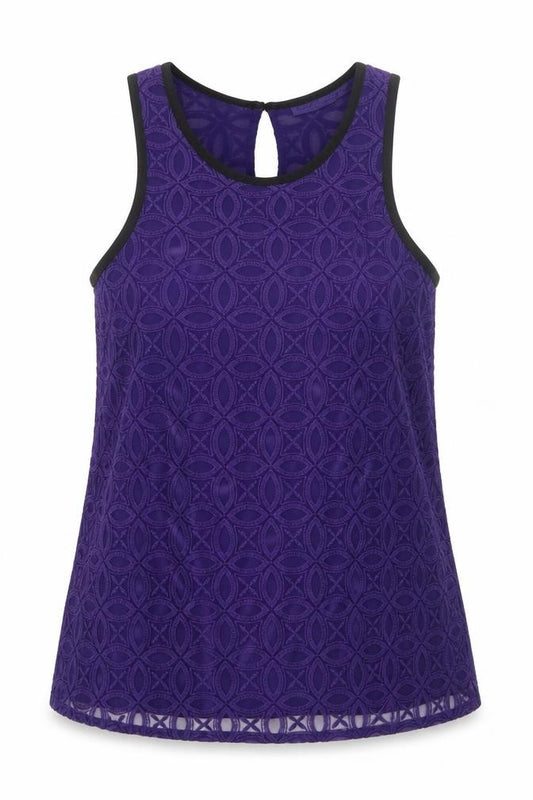 Front view of Next women’s purple geometric polyester basic tank, size UK 14, scoop neck
