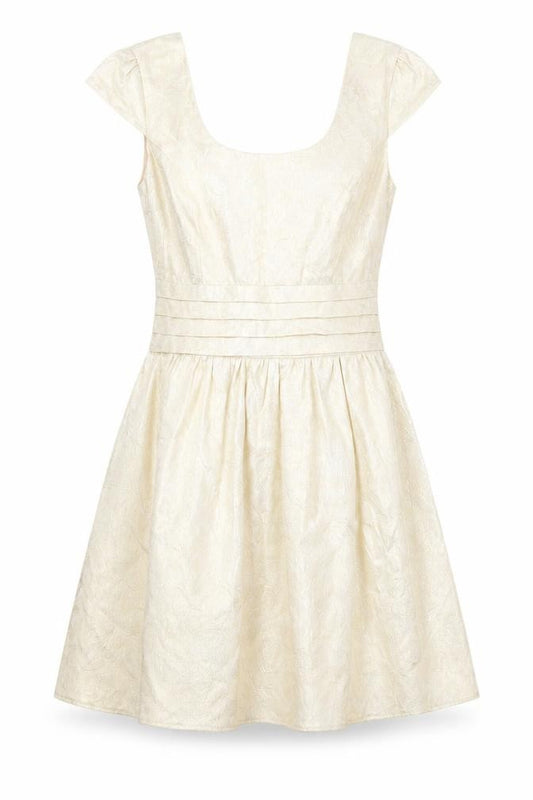 Front view of ASOS women’s gold polyester fit & flare, size UK 8, scoop neck zip