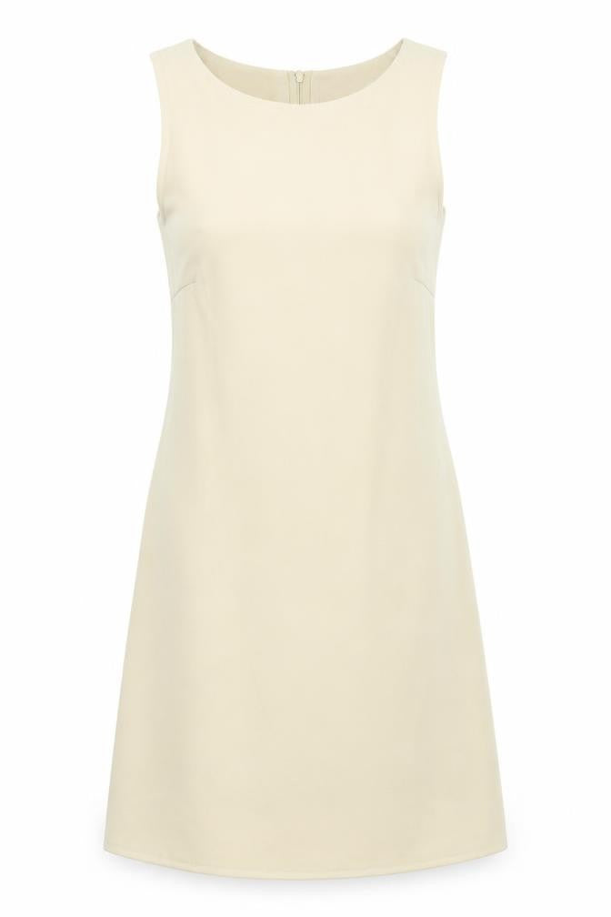Front view of women’s yellow polyester a-line, size UK 10, round neck zip
