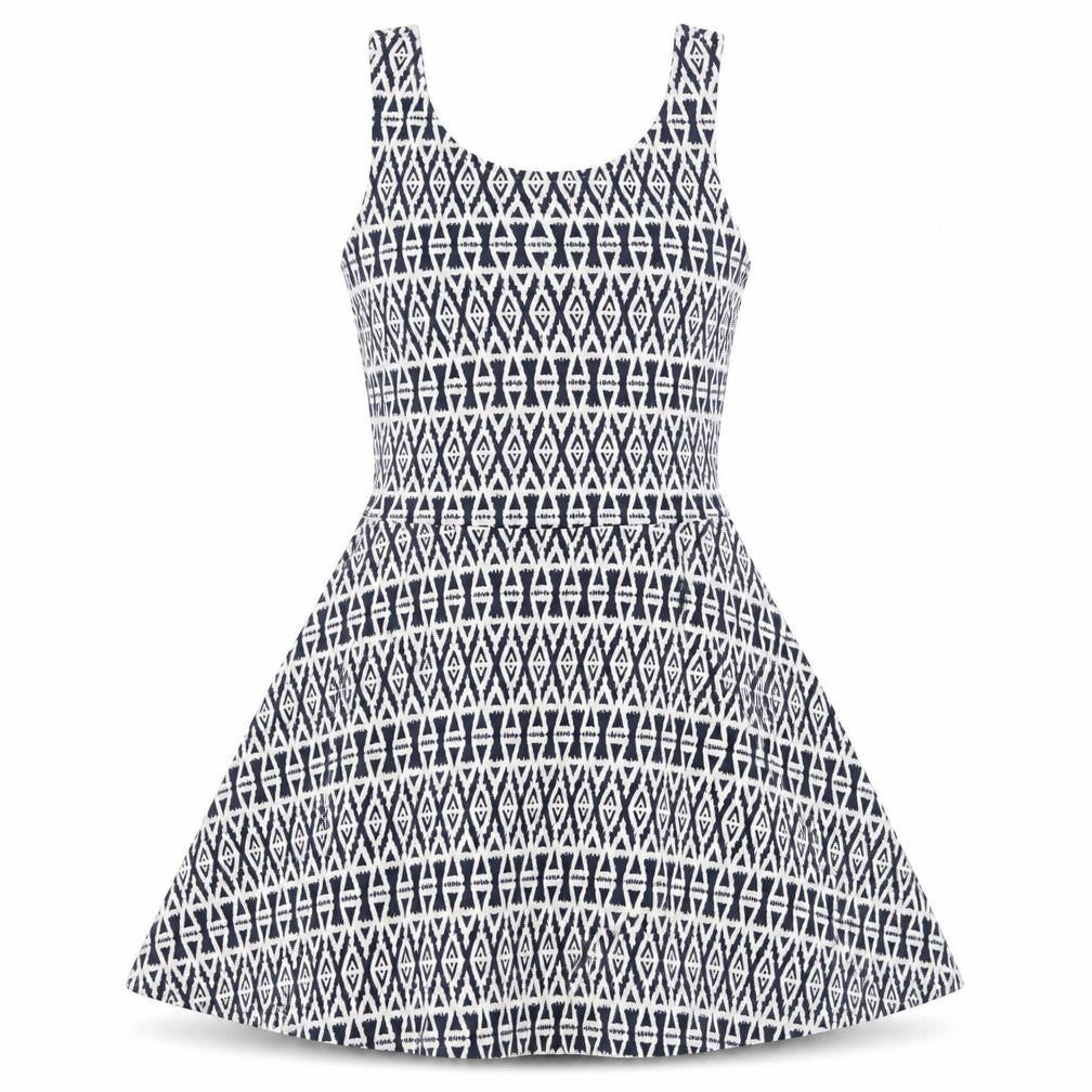 Front view of H&M women’s blue geometric viscose fit & flare, size UK 8, round neck pullover