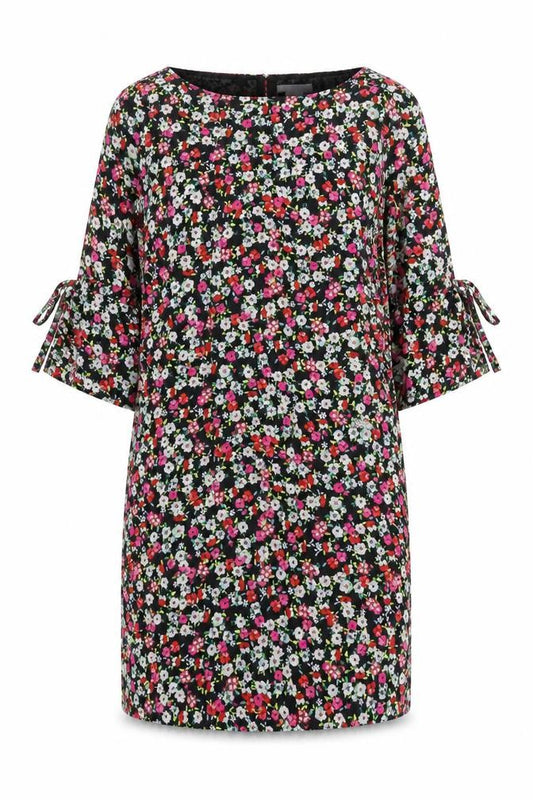 Front view of H&M women’s black floral polyester a-line, size UK 10, boat neck pullover