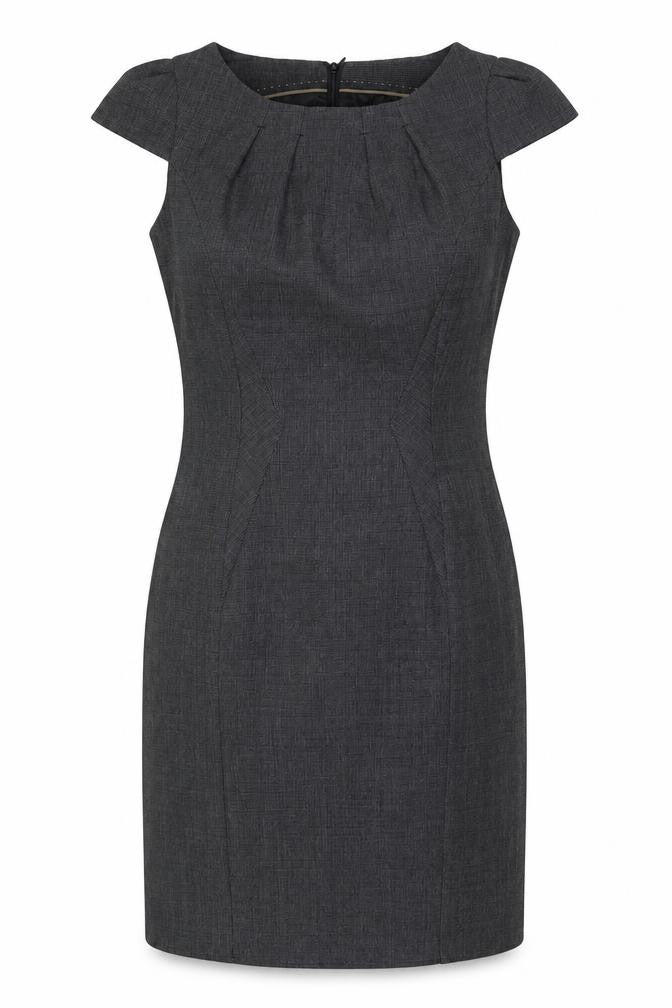 Front view of women’s grey polyester a-line, size UK 10, round neck zip