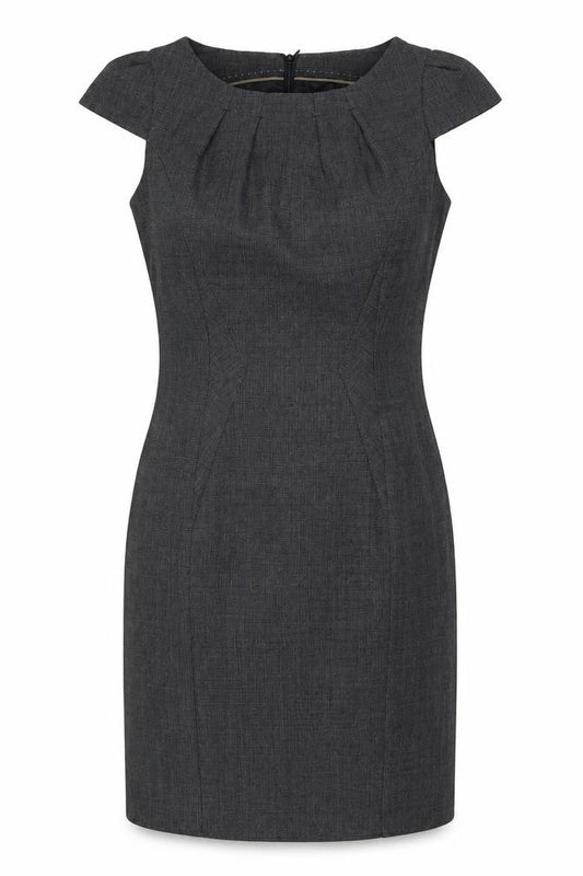 Front view of women’s grey polyester a-line, size UK 10, round neck zip