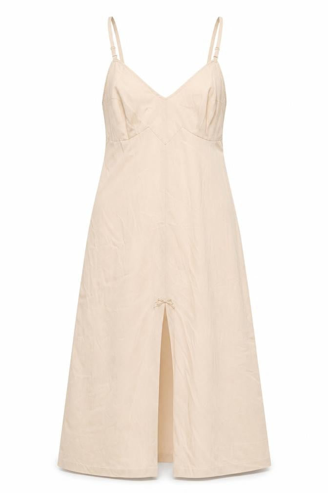 Front view of Vassarette women’s beige nylon slip dress, size UK 8, v-neck pullover