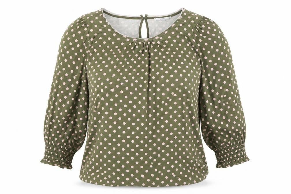 Front view of EDC women’s green polka dot cotton basic blouse, size S, scoop neck
