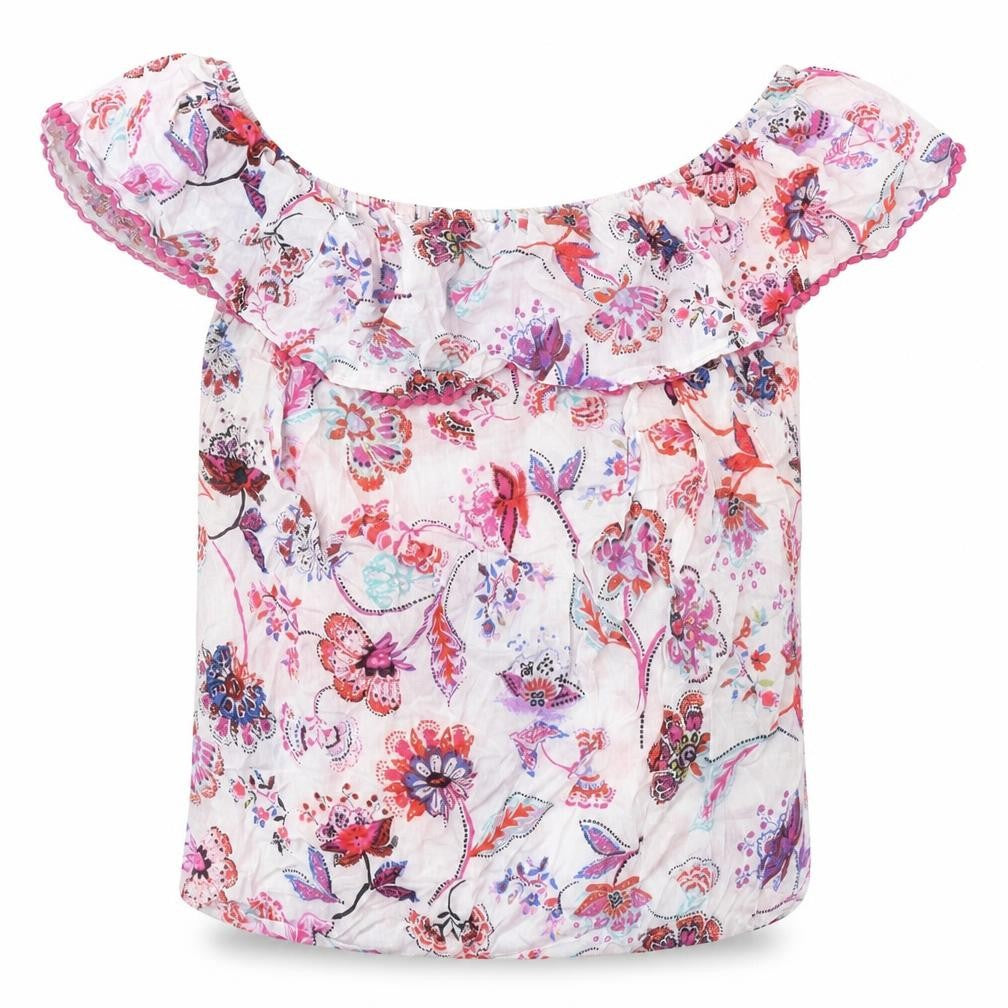 Front view of M&Co women’s white geometric viscose basic blouse, size UK 10, off the shoulder