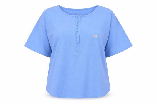Front view of Monique women’s blue polyester basic blouse one size round neck