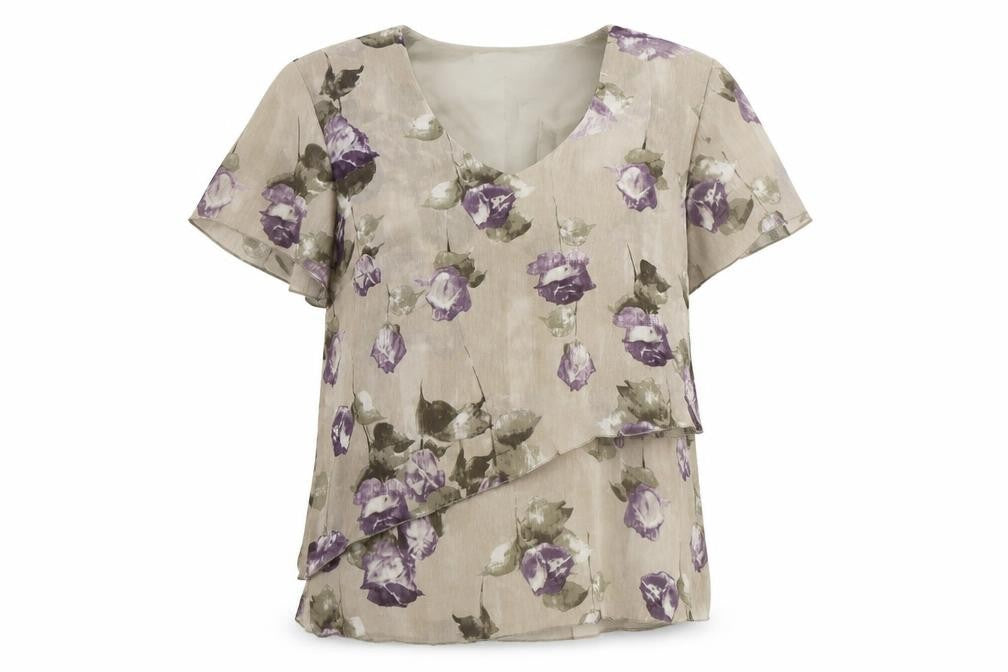 Front view of Gold women’s grey floral polyester basic t-shirt, size UK 10, v-neck