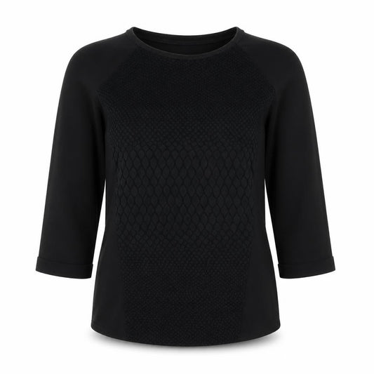 Front view of Divided by H&M women’s black geometric polyester basic blouse, size UK 6, boat neck