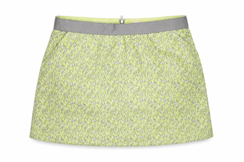 Front view of Grace & Mila women’s green geometric polyester mini skirt, size M, zip