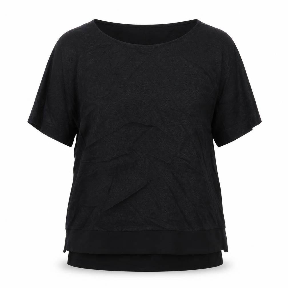 Front view of River Island women’s black polyester basic t-shirt, size UK 8, scoop neck - chiffon hem