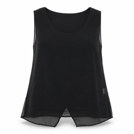 Front view of Quiz women’s black polyester basic tank, size UK 14, scoop neck
