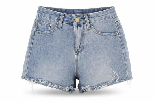 Front view of Preworn women’s blue 100% cotton boyfriend shorts, size S, regular zip