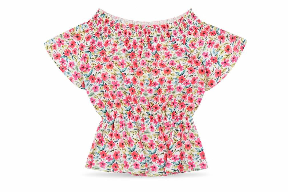 Front view of Papaya women’s multicoloured floral polyester basic blouse, size UK 8, off the shoulder