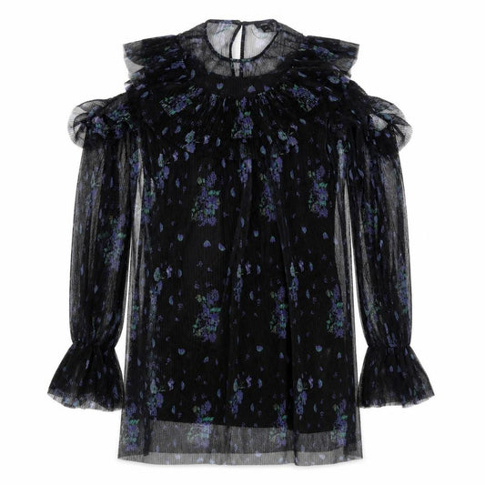 Front view of River Island women’s black geometric polyester a-line, size UK 10, round neck button - cold shoulder