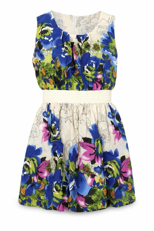 Front view of Layers women’s multicoloured floral polyester fit & flare, size UK 6, round neck zip