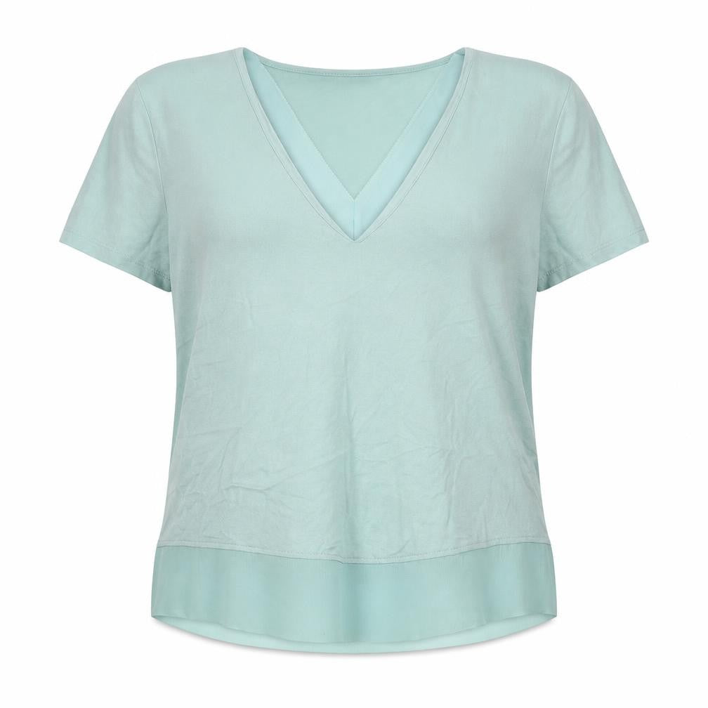Front view of Marks & Spencer women’s green viscose basic t-shirt, size UK 10, v-neck