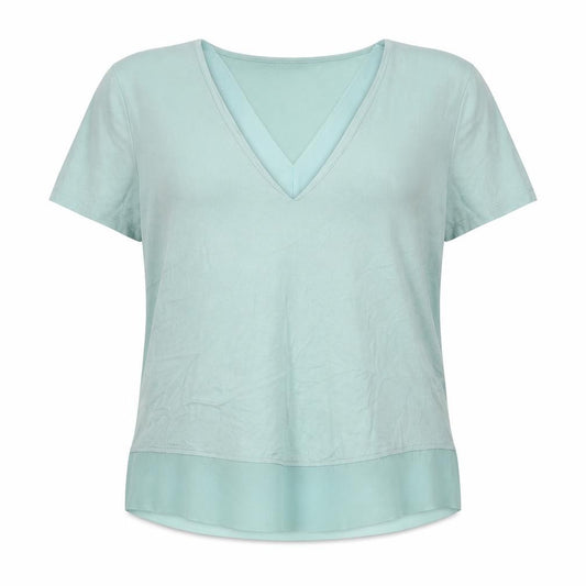 Front view of Marks & Spencer women’s green viscose basic t-shirt, size UK 10, v-neck