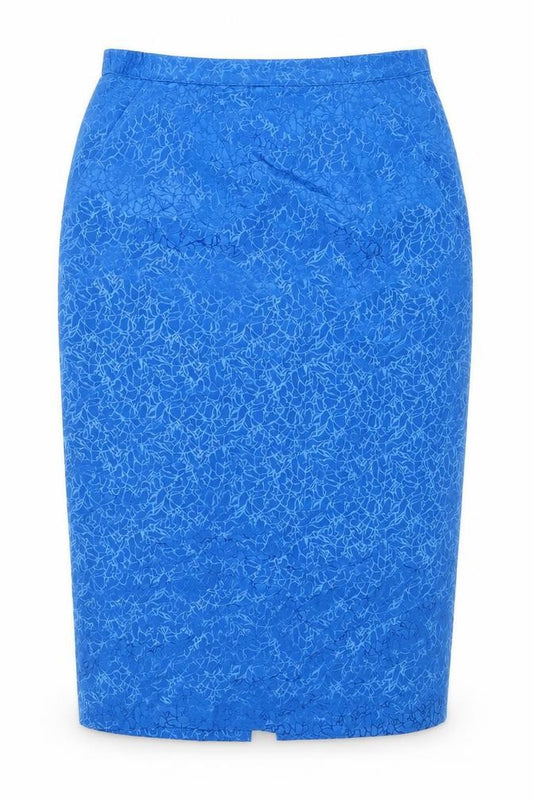 Front view of Preworn women’s blue geometric polyester straight & pencil skirt, size UK 10, zip