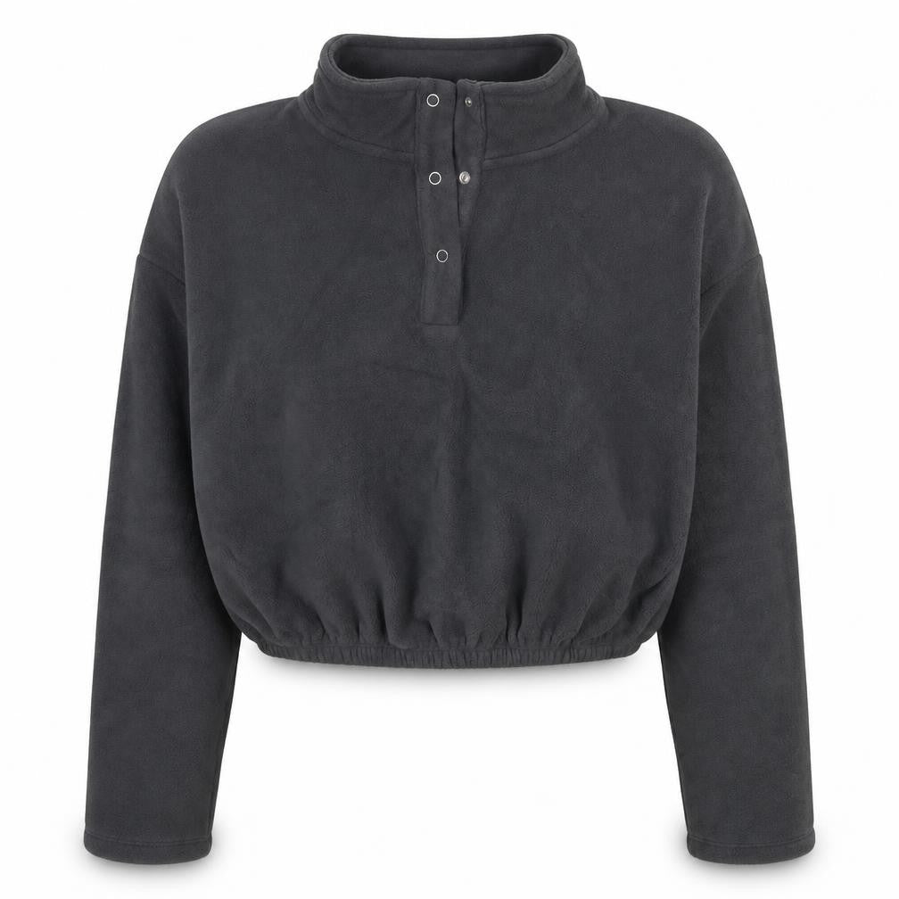 Front view of women’s grey polyester pullover sweatshirt, size XS, snap - cropped
