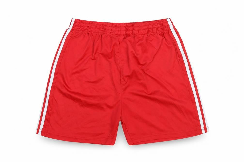 Front view of Preworn women’s red polyester sweat shorts, size L, regular pull on