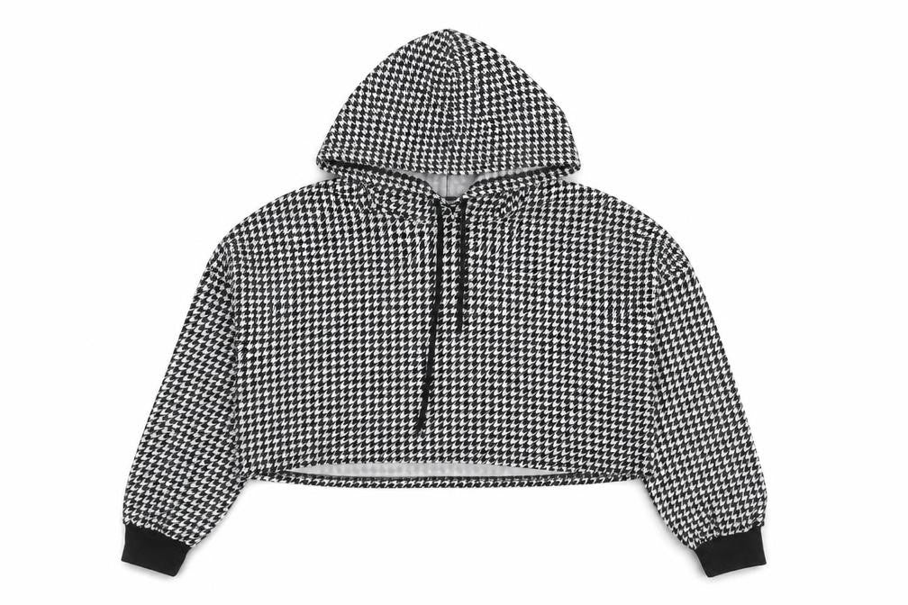 Front view of SHEIN women’s black houndstooth polyester pullover hoodie, size L, pullover - cropped