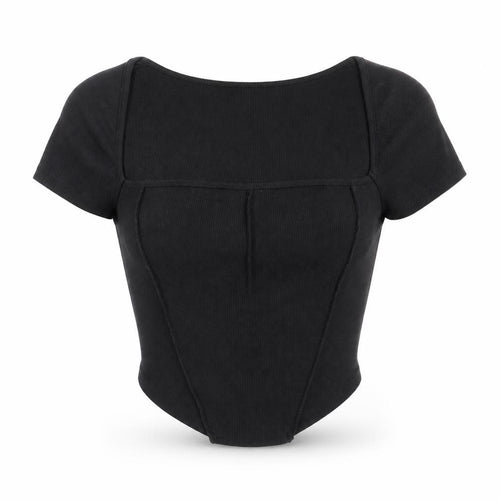 SheIn Womens Black Polyester Cropped T-Shirt Size L Square Neck - Asymmetric hem