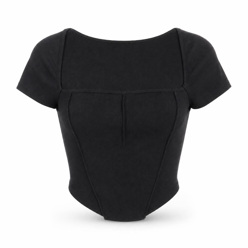 SheIn Womens Black Polyester Cropped T-Shirt Size L Square Neck - Asymmetric hem
