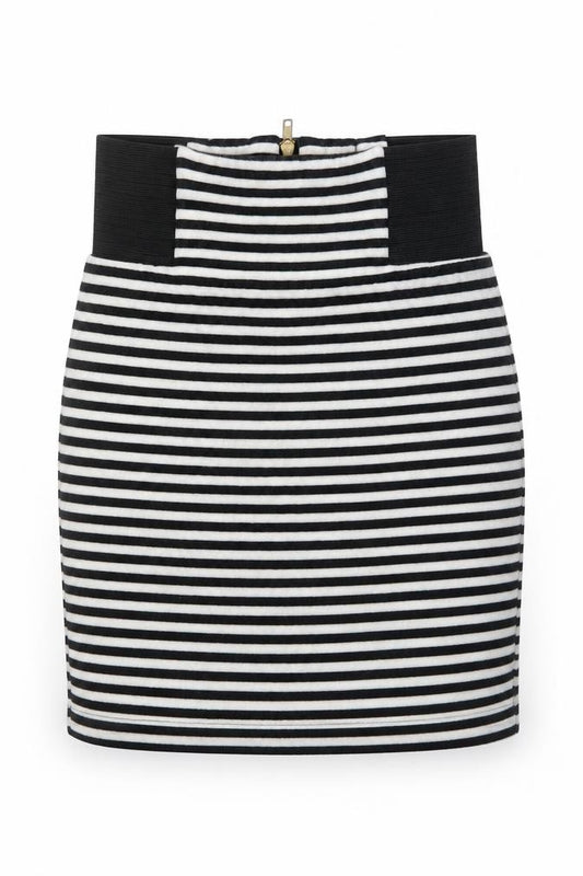 Front view of Topshop women’s black striped cotton bandage skirt, size UK 8, zip